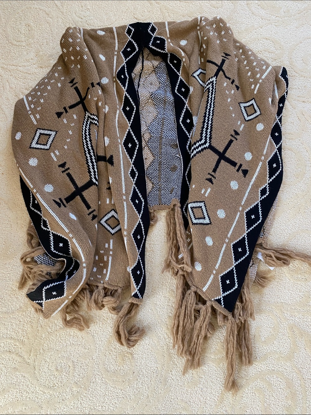 Jen's Pirate Booty Tan Black White Aztec Fringe Poncho Shrug